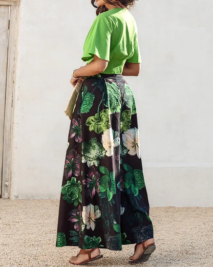 Elegant 2 Pieces for Woman Elegant V-Neck Short Sleeve Ruched Top and Floral Print Pocket Design Wide Leg Pants Sets