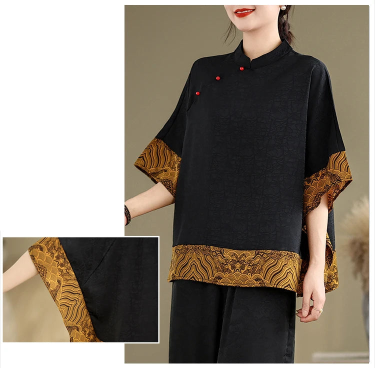Mulberry Silk Chinese Style T-shirt for Women Spring Summer Fashion Vintage Patchwork Half Sleeve Cloud Embroidery Female Blouse
