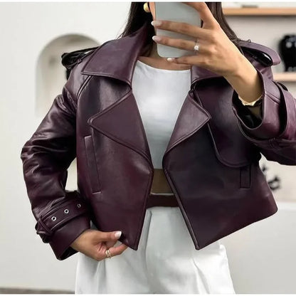 Brown Lapel Leather Bomber Jacket Women's Fashion Full Sleeve Zipper Pocket Lace Up Belt Coat 2025 Autumn High Street Outerwear