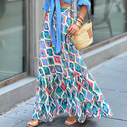 High Waist Patchwork Ruffles Print Skirt Summer Elegant Women Casual Long Skirt Femme Loose Floor-Length Maxi Skirt Dropshipping