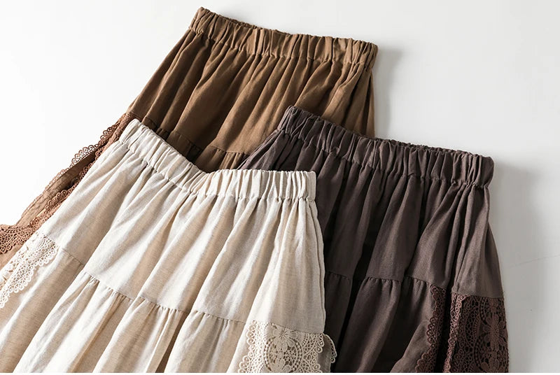 Sweet Sle Linen Skirt with Belt And Elastic Waist Heavy Embroidery Japanese Brand Women's Fashion Commute High Waist Long A...