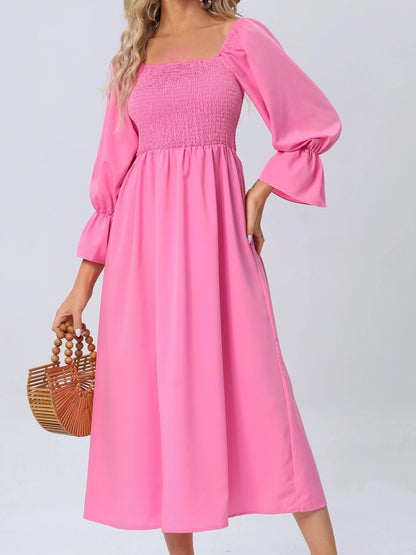 Shirred Solid Dress,Casual Lantern Sleeve Squared Neck Slim Waist Midi Dress, Women's Clothing