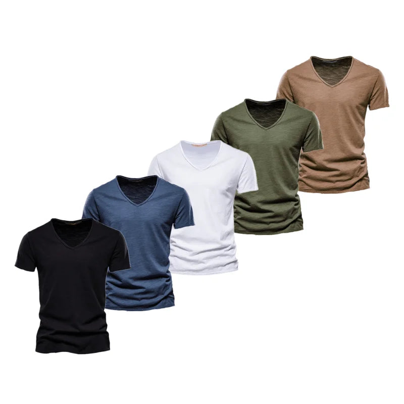 5 Pcs Brand T Shirt Men Casual Solid Color Slim Fit V-neck T-shirts Men New Summer Quality 100% Cotton T Shirt for Men