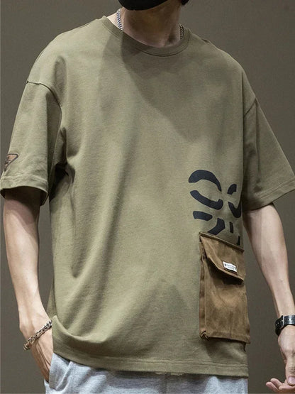 2025 New Letter Printed Short Sleeve Pocket T-shirt For Men Casual Cotton O-Neck Tshirt Y2K Streetwear Oversized Tee Shirts
