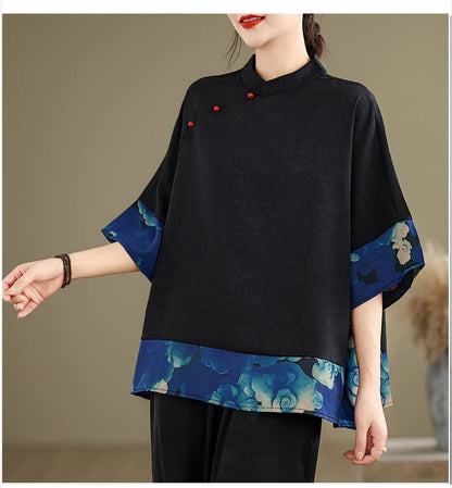 Mulberry Silk Chinese Style T-shirt for Women Spring Summer Fashion Vintage Patchwork Half Sleeve Cloud Embroidery Female Blouse