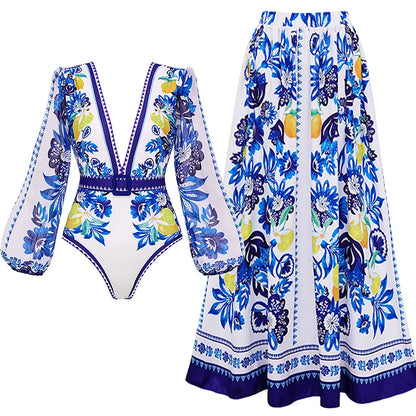 Flaxmaker Women Sexy Deep V Neck Long-sleeved Jungle Green Print One Piece Swimsuit And Skirt Summer Bathing Suit Monokini