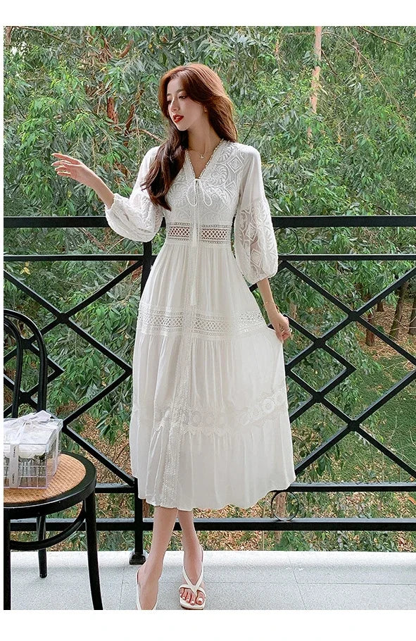2025 Women's New Spring/Summer White Hollow Sweet Dress Fashion French Bubble Sleeve Knee length Skirt European and American