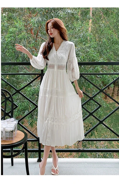 2025 Women's New Spring/Summer White Hollow Sweet Dress Fashion French Bubble Sleeve Knee length Skirt European and American