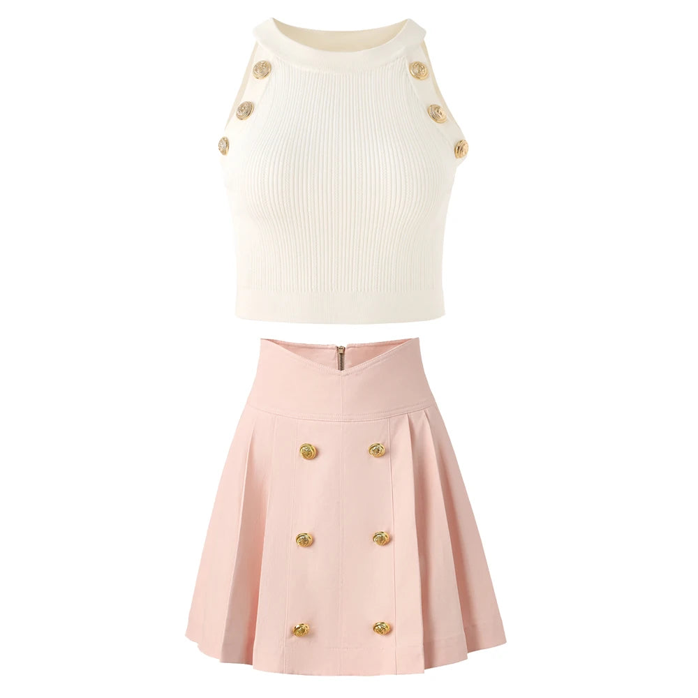 Y2K Sweet Design White Short Knitting Vest Tops Dopamine Pink A-line Mini Denim Skirt Sexy Women 2PCS Summer Sets High Quality