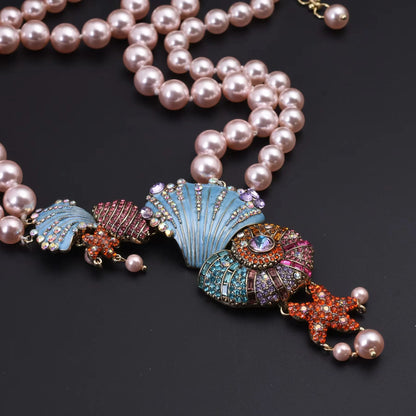 Medieval diamond pearl conch double necklace earrings set women retro fashion temperament light luxury exaggerated style