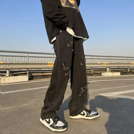 Trendy Straight-leg Denim Jeans For Men Summer Casual High Street Style Wide Leg Hop Streetwear Long Pants