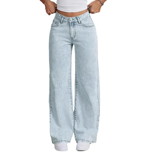 Light Blue Women's denim pants Straight Leg baggy jeans with pocket Spring 2025 Loose jeans