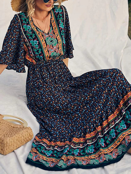 Boho Retro Printed Long Beach Dress Summer Women Flare Short Sleeve V Neck Summer A-Line Dress 2022 Party Elegant Dress