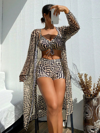 Print Swimsuits Tankini Set with Long Cover Ups Female Swimwear Sports Beach Wear 3 Piece Bathing Suit Women Swimming Bikinis