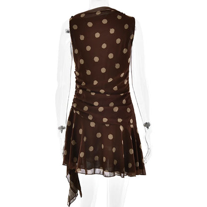 JULISSA MO Chiffon Print Polka Dot Ruched Women Dress Coffee Sleeveless High Waist Dress Spring Slim Elegant Party Club Outfits