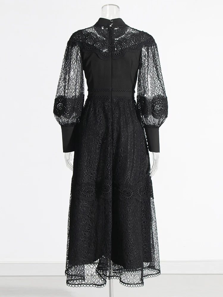 Hollow Out Patchwork Embroidery Stand Collar Lantern Sleeve High Waist Elegant Dresses For Women