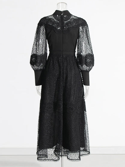 Hollow Out Patchwork Embroidery Stand Collar Lantern Sleeve High Waist Elegant Dresses For Women