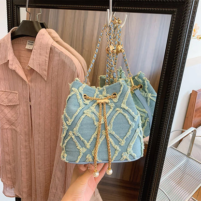 Denim Crossbody Bag Diamond Pattern Women Shoulder Bag Adjustable Strap Jean Purse Hobo Bag Travel Bag