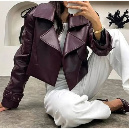 Brown Lapel Leather Bomber Jacket Women's Fashion Full Sleeve Zipper Pocket Lace Up Belt Coat 2025 Autumn High Street Outerwear