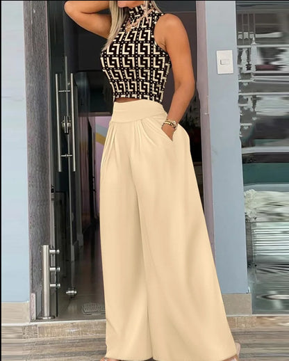 Fashions Two Piece Set Women Cropped Tight Solid Color Sleeveless Tops Loose Printed High Waist Wide Legs Trousers Suits MsChuh