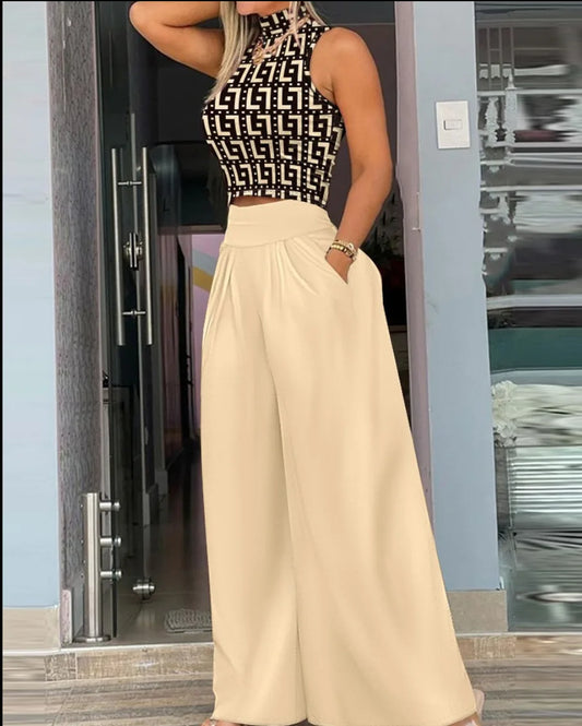 Fashions Two Piece Set Women Cropped Tight Solid Color Sleeveless Tops Loose Printed High Waist Wide Legs Trousers Suits MsChuh