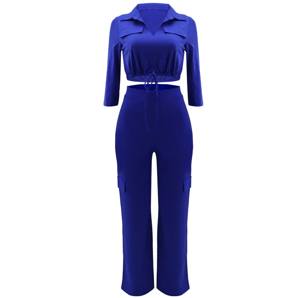 Elegant Office Women Two Piece  Short Shirt + Wide Leg Trousers Set