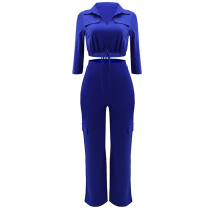 Elegant Office Women Two Piece  Short Shirt + Wide Leg Trousers Set