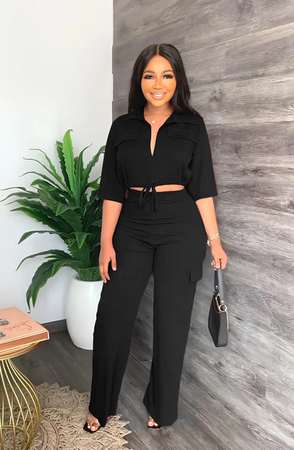 Elegant Office Women Two Piece  Short Shirt + Wide Leg Trousers Set