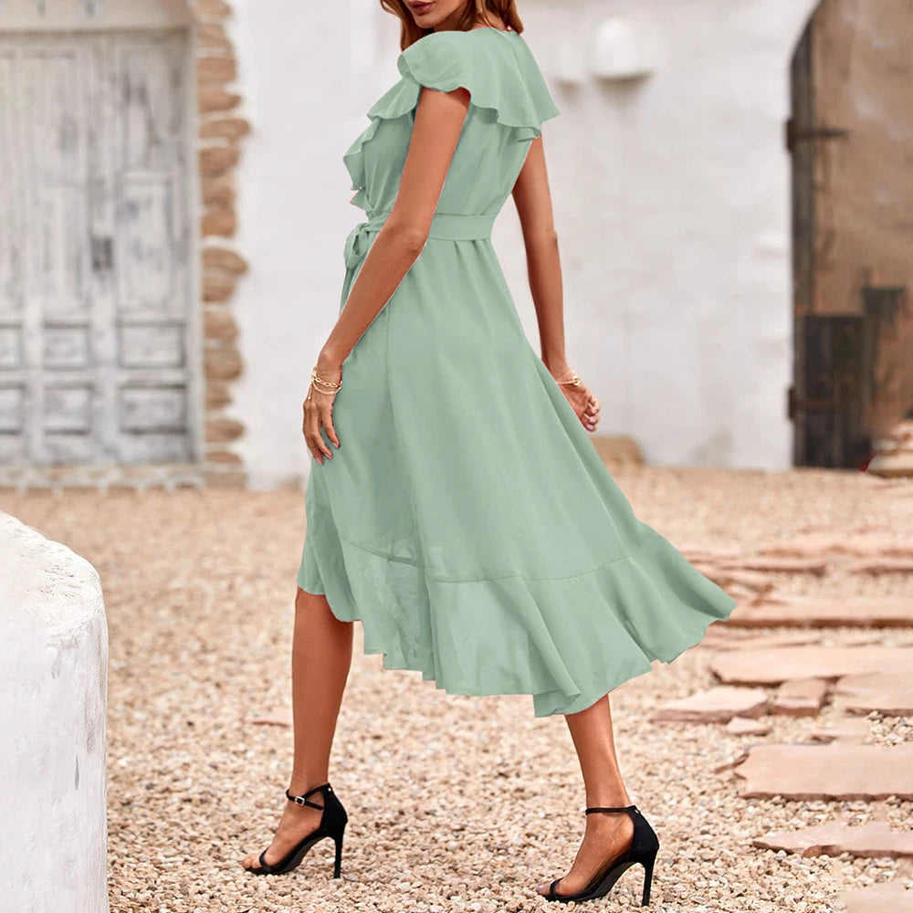 Women's Elegant Solid Ruffle Flying Sleeve Lace Up Skater Midi Dress Summer Ladies Party Holiday Casual Sundress Size S-2XL