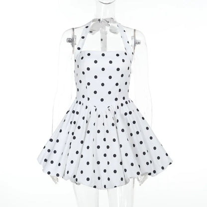 TARUXY Polka Dot Vacation Mini Dress For Women  High Waist A-line Ball Gown Dress Sleeveless Halter Neck Female Summer Fashion