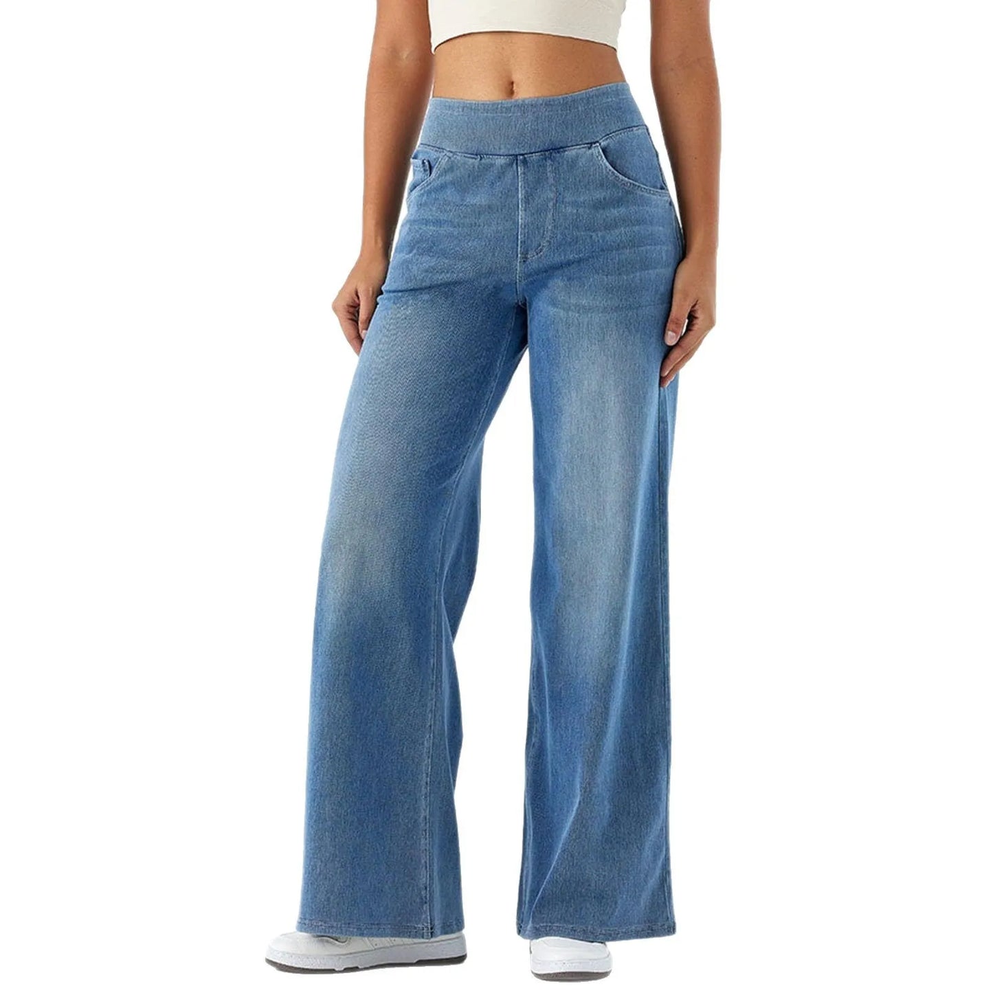 Women Jeans Denim Pant Wide Leg Streetwear Elastic Waist Straight Trousers