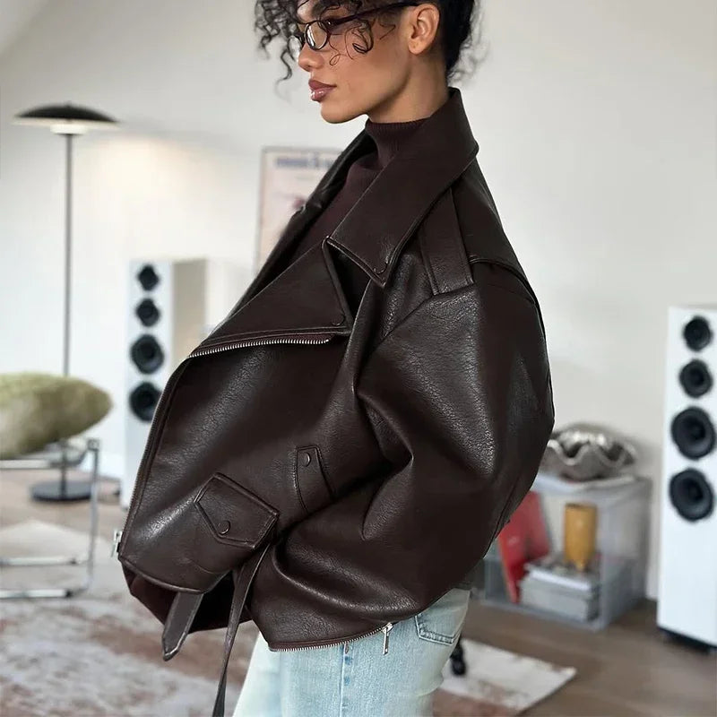 Brown Lapel Leather Bomber Jacket Women's Fashion Full Sleeve Zipper Pocket Lace Up Belt Coat 2025 Autumn High Street Outerwear