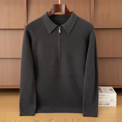 Luxury 100% Merino Wool Sweater for Men Half Zipper Polo Collar Pullover Autumn Winter Cashmere Thick Knitwear Smart Casual Top