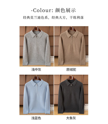 Luxury 100% Merino Wool Sweater for Men Half Zipper Polo Collar Pullover Autumn Winter Cashmere Thick Knitwear Smart Casual Top