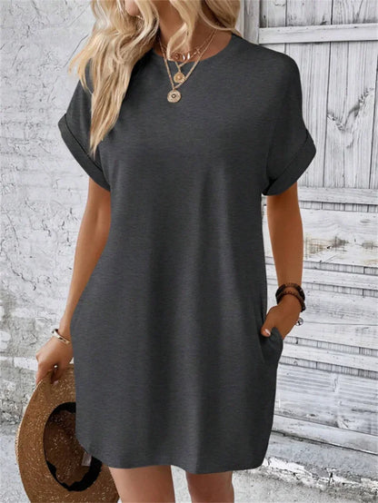 Fashion Solid Color Side Pocket Dresses Women Korean O Neck Pullover Dress Summer Female Comfortable Commuter Casual Short Gown