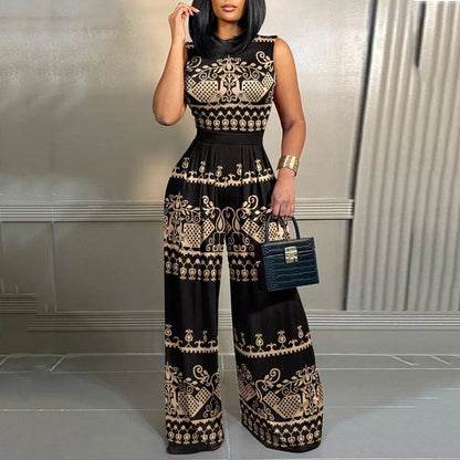 Elegant Women Wide Leg Long Printed Sleeveless Jumpsuits Trouser