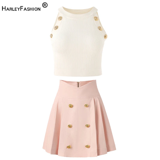 Y2K Sweet Design White Short Knitting Vest Tops Dopamine Pink A-line Mini Denim Skirt Sexy Women 2PCS Summer Sets High Quality