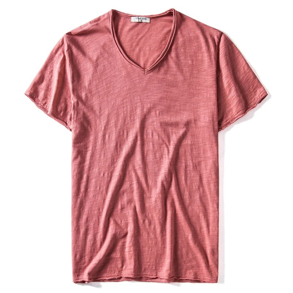 2021 New Summer V-neck T-shirt Men 100% Combed Cotton Solid Short Sleeve T Shirt Men Fitness Undershirt Male Tops Tees