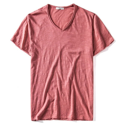 2021 New Summer V-neck T-shirt Men 100% Combed Cotton Solid Short Sleeve T Shirt Men Fitness Undershirt Male Tops Tees