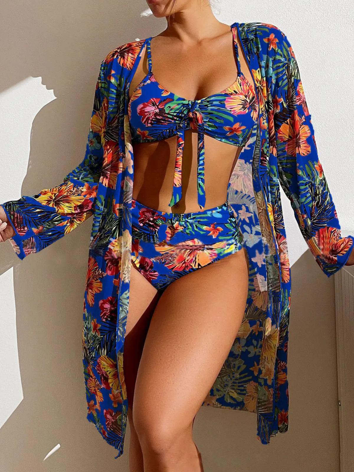 Size S-3XL Bikini Three Pieces Floral Printed Swimsuit Women Bikini Set With Mesh Long-Sleeved Blouse,Bra Top with Pad Swimwear