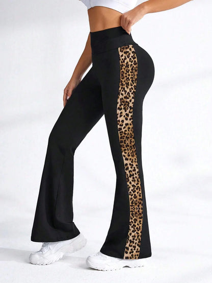 Women's Leopard Print Patchwork Elastic High Waist Sports Leggings