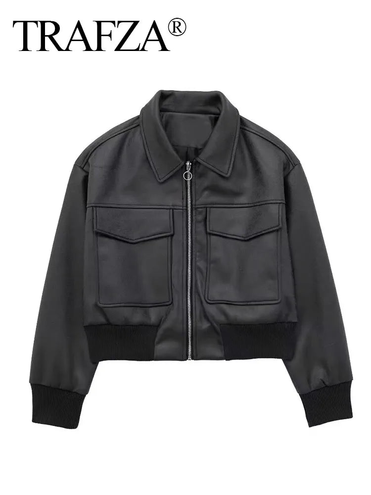 TRAFZA Winter Short Coats Woman Trendy Black Turn-Down Collar Long Sleeves Pockets Zipper Female High Street Thick Jackets