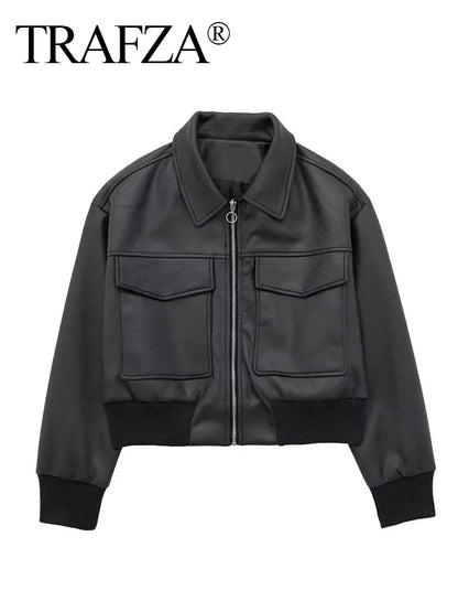 TRAFZA Winter Short Coats Woman Trendy Black Turn-Down Collar Long Sleeves Pockets Zipper Female High Street Thick Jackets