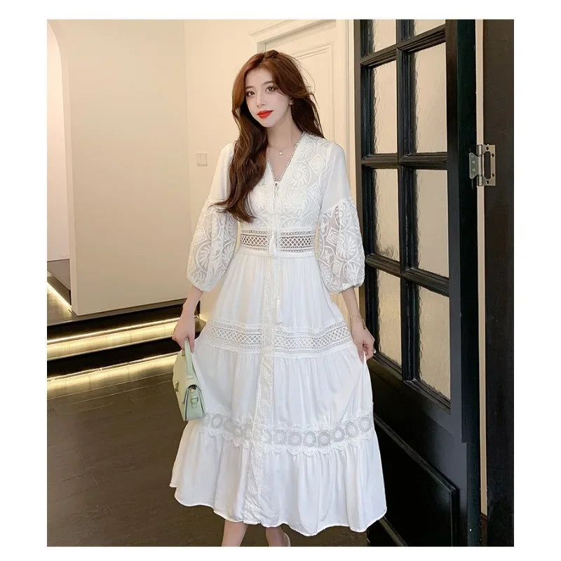 2025 Women's New Spring/Summer White Hollow Sweet Dress Fashion French Bubble Sleeve Knee length Skirt European and American