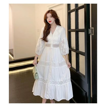 2025 Women's New Spring/Summer White Hollow Sweet Dress Fashion French Bubble Sleeve Knee length Skirt European and American
