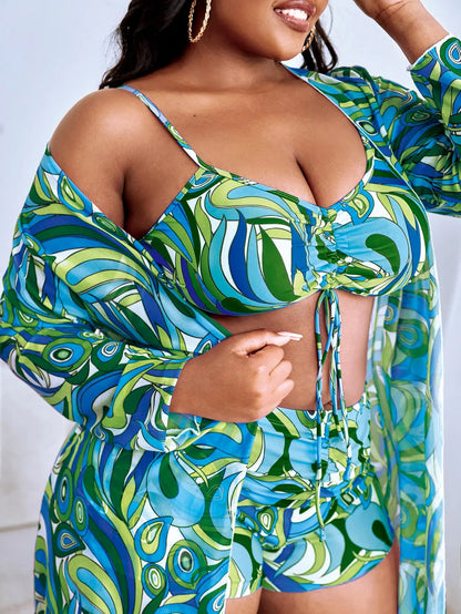 3 Pieces Large Size Bikini 2025 Printed Swimsuit Women & Kimono Drawstring Front Swimwear Female Bathing Swimming Suit Beachwear