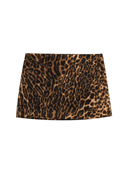 Long Sleeve 2 Pieces Leopard Printed Mini Skirt Two Piece Set Women Outfit