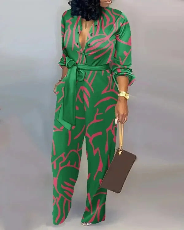 Women Fashion Letter Print Long Sleeve Jumpsuit Spring Button One Piece Overalls Streetwear Autumn Elegant Office Lady Playsuit