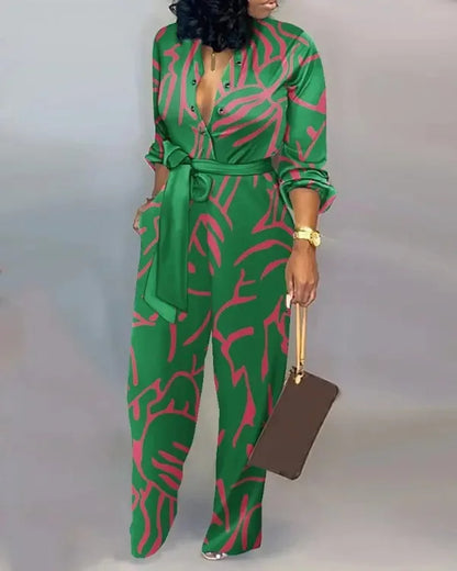 Women Fashion Letter Print Long Sleeve Jumpsuit Spring Button One Piece Overalls Streetwear Autumn Elegant Office Lady Playsuit
