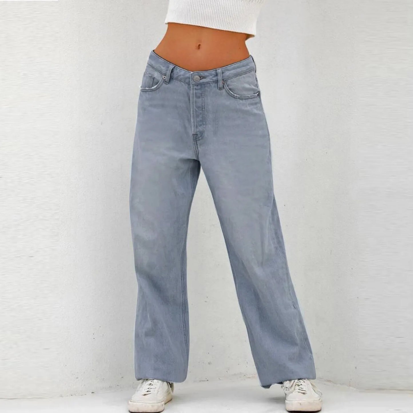 Retro Washed Jeans Women High Waist Wide Leg Denim Pants Solid Color Blue Baggy Jeans Streetwear Y2k Trousers